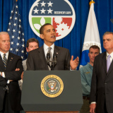 Washington DC 4/13/09 -- President Obama,  Vice President Biden, and Secretary of Transportation Ray LaHood give a press conference at the US Department of Transportation Headquarters regrding road construction.